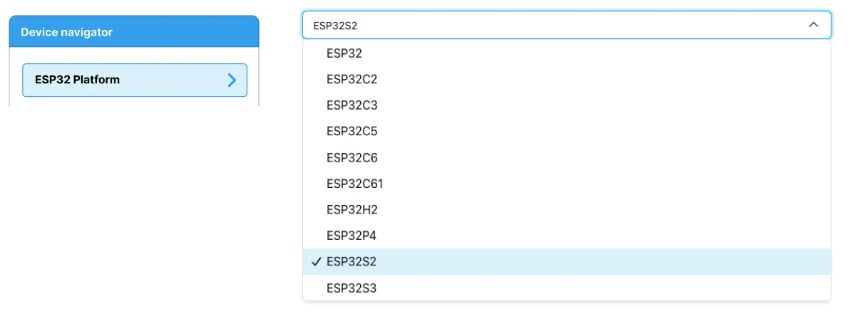 The Device navigator with the board platform selected and the dropdown for choosing another variant.