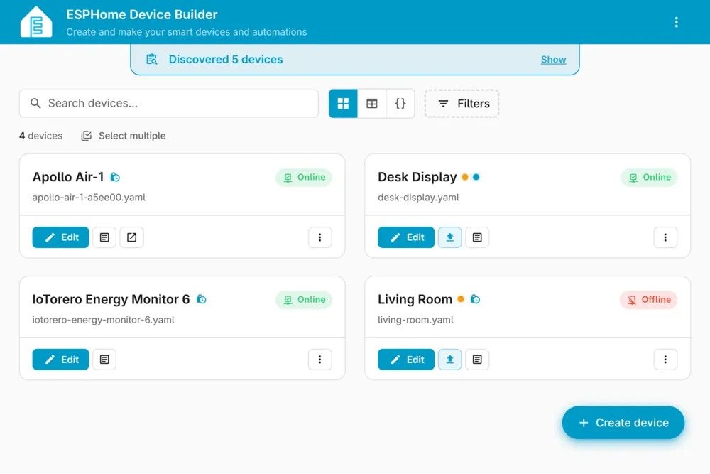 The ESPHome Device Builder device list, showing four devices with their online status