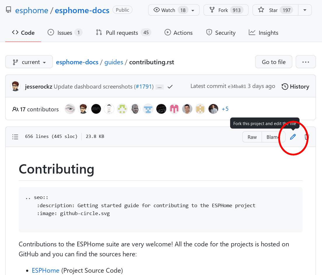 a screenshot of an rST file opened in GitHub, with the edit button circled