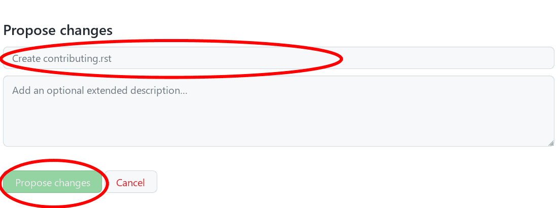the commit creation screen in GitHub, with the commit title and "Propose changes" button circled